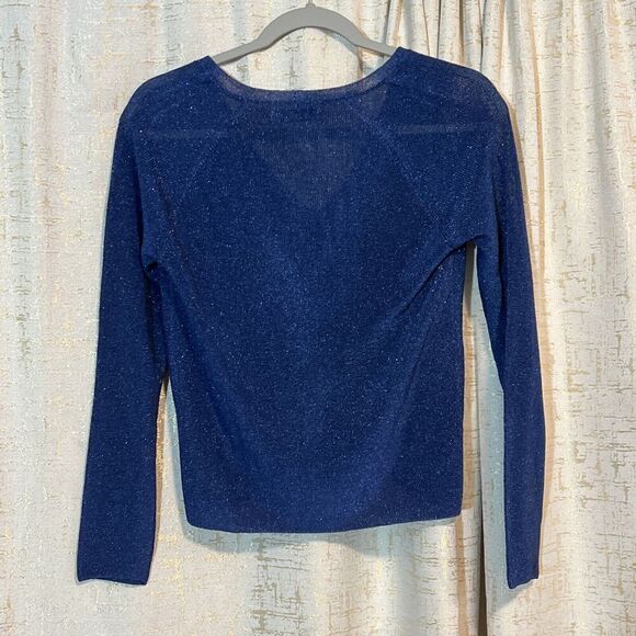 MNG by Mango Blue Shimmer Knit Sweater Pullover V Neck Size Xtra Small Sparkle - Picture 2 of 5